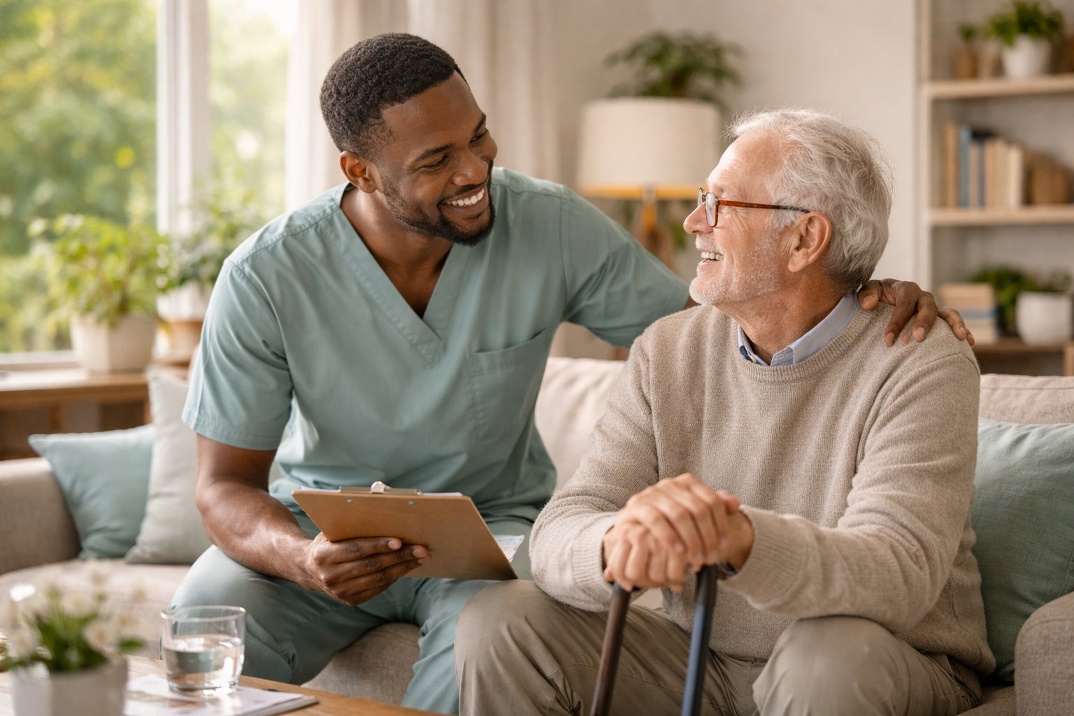 Caring moments in a sunlit room